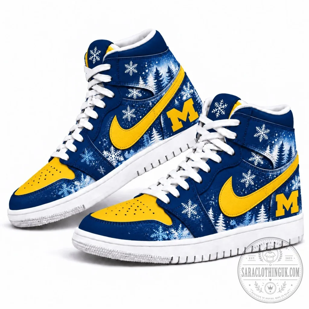 Michigan Wolverines Winter Snowflakes Forest Pattern High Top Sneakers Michigan Wolverines Winter Snowflakes Forest Pattern High Top Sneakers
