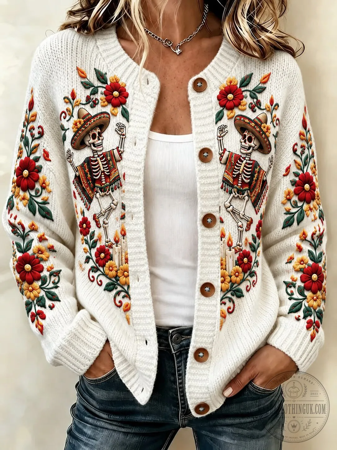 Day of the Dead Skeleton Floral Embroidered Button-Up Cardigan Sweater
