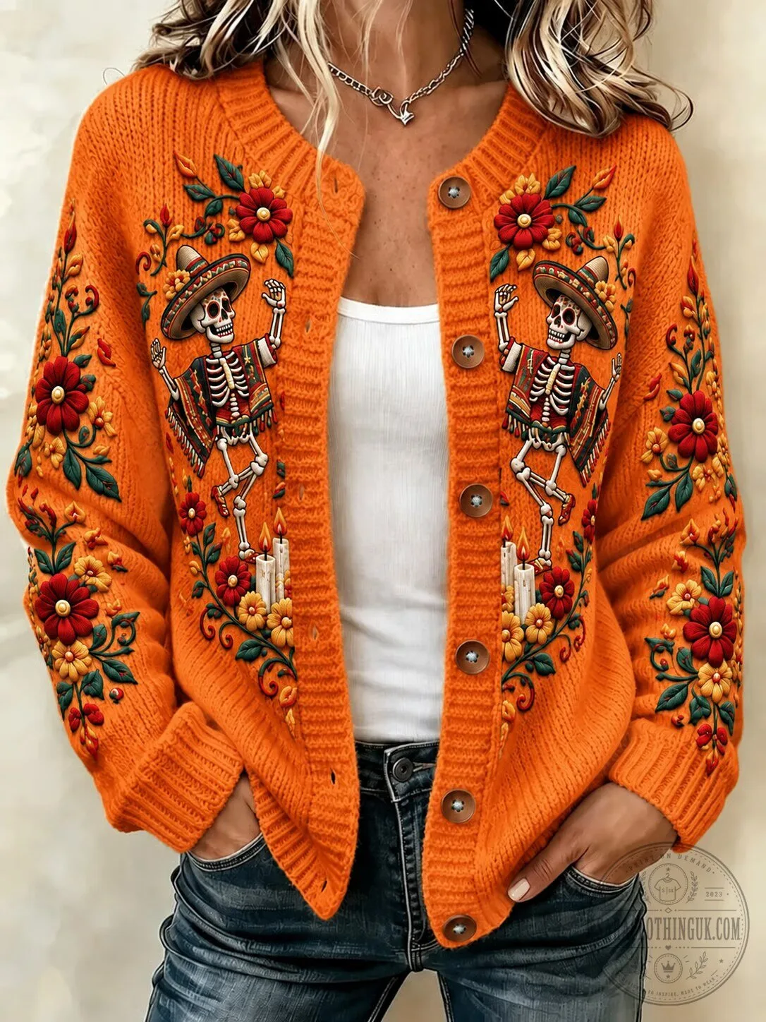 Day of the Dead Skeleton Floral Embroidered Button-Up Cardigan Sweater 7 Day of the Dead Skeleton Floral Embroidered Button-Up Cardigan Sweater