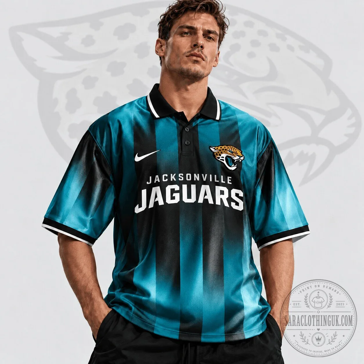 Jacksonville Jaguars NFL Team Crest Vertical Stripe Retro Polo Shirt 2 Jacksonville Jaguars NFL Team Crest Vertical Stripe Retro Polo Shirt