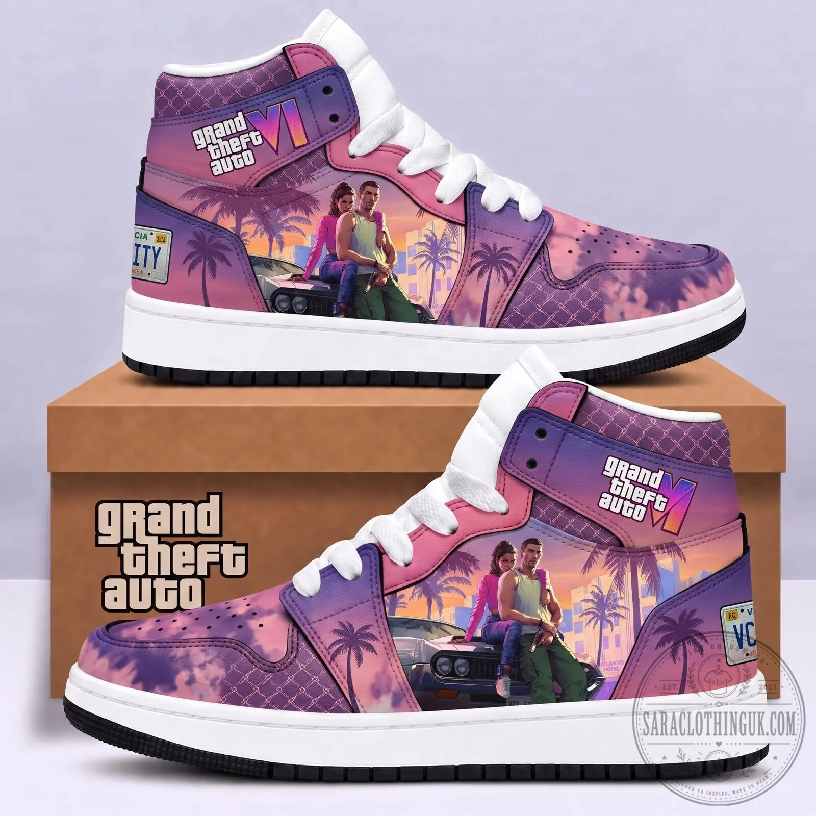 Grand Theft Auto VI High Top Sneakers, Lucia Jason Vice City Video Game Shoes