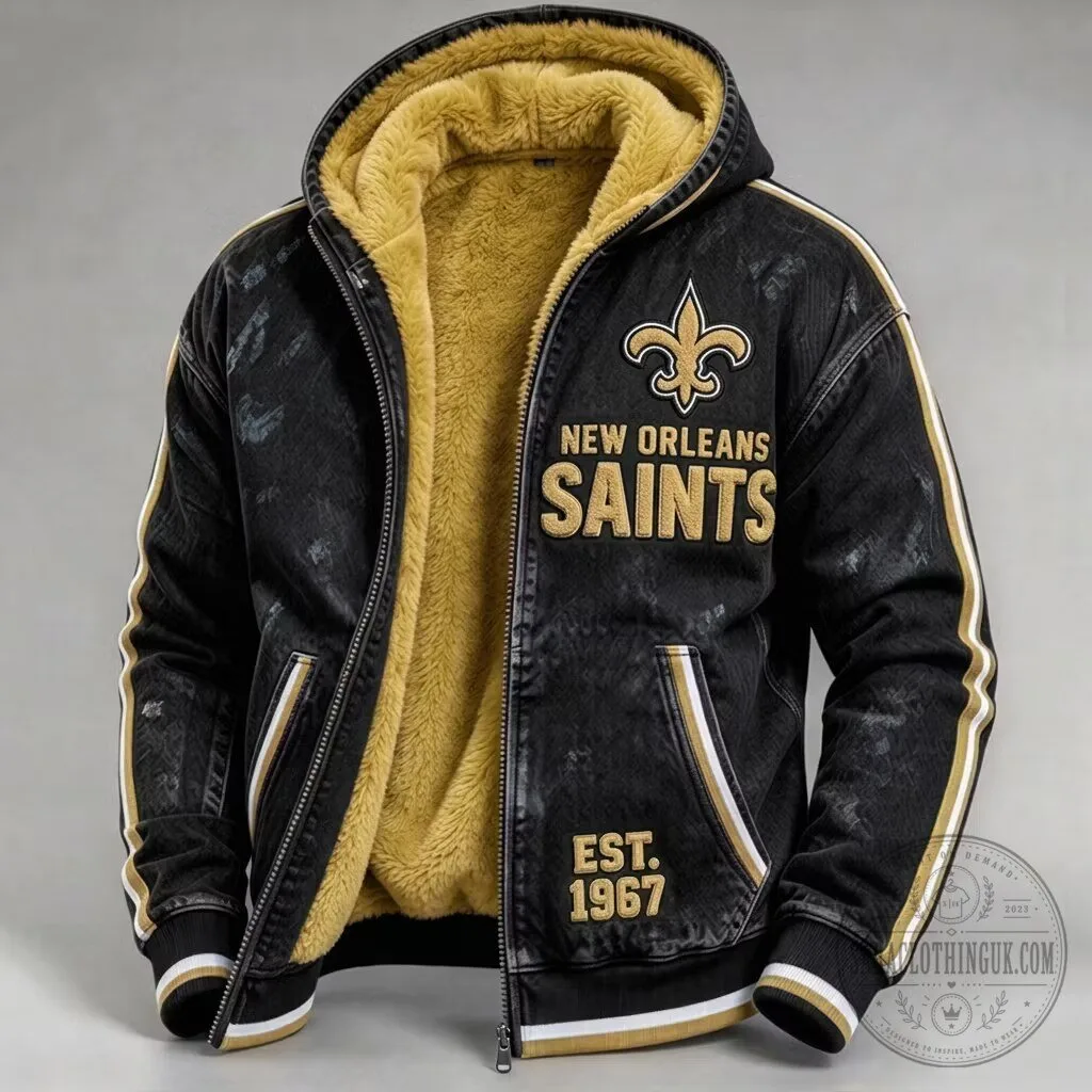 New Orleans Saints Sherpa Lined Hooded Jacket Warm Winter Zip Up Bomber Coat