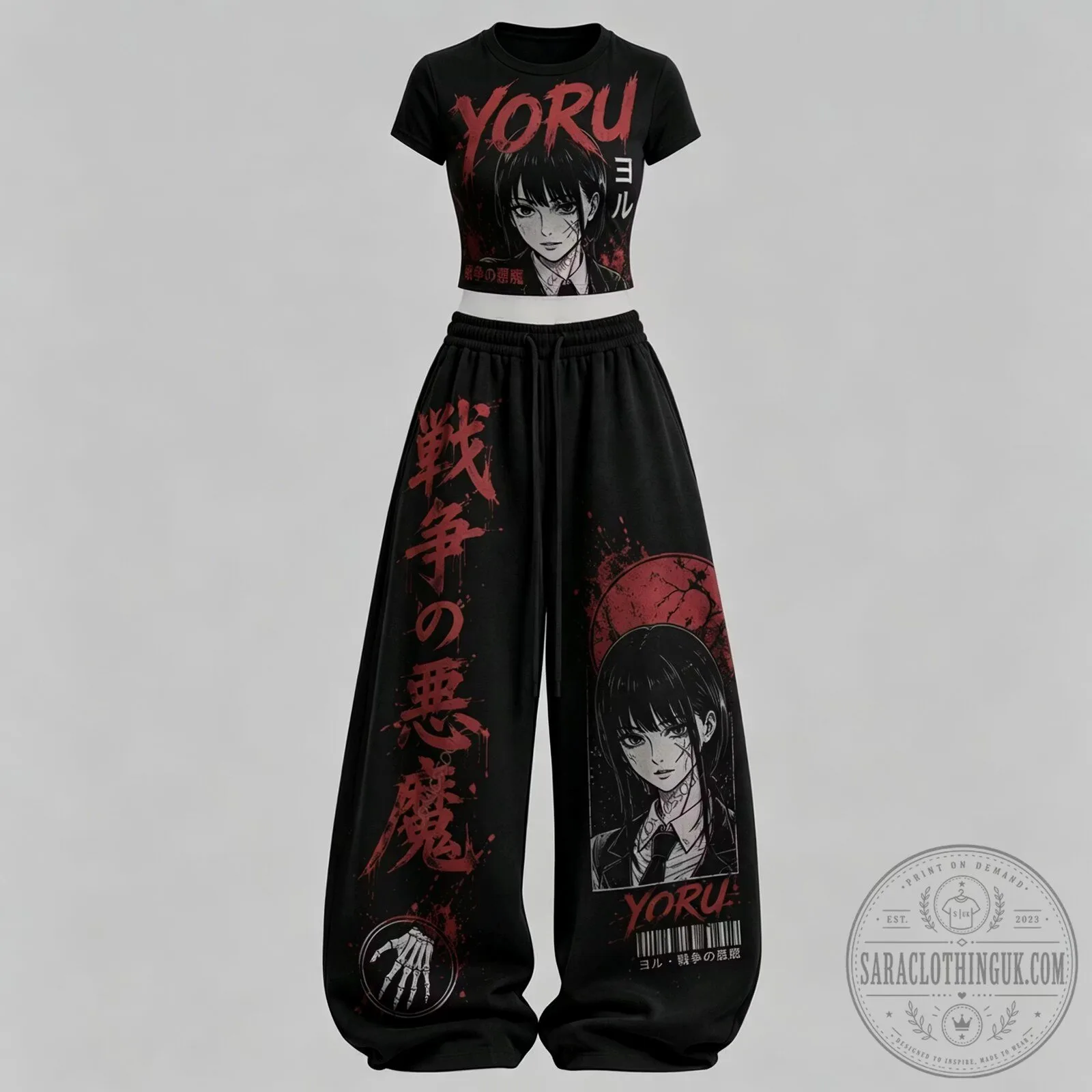 Chainsaw Man Yoru Anime Character Crop Top and Baggy Sweatpants Set