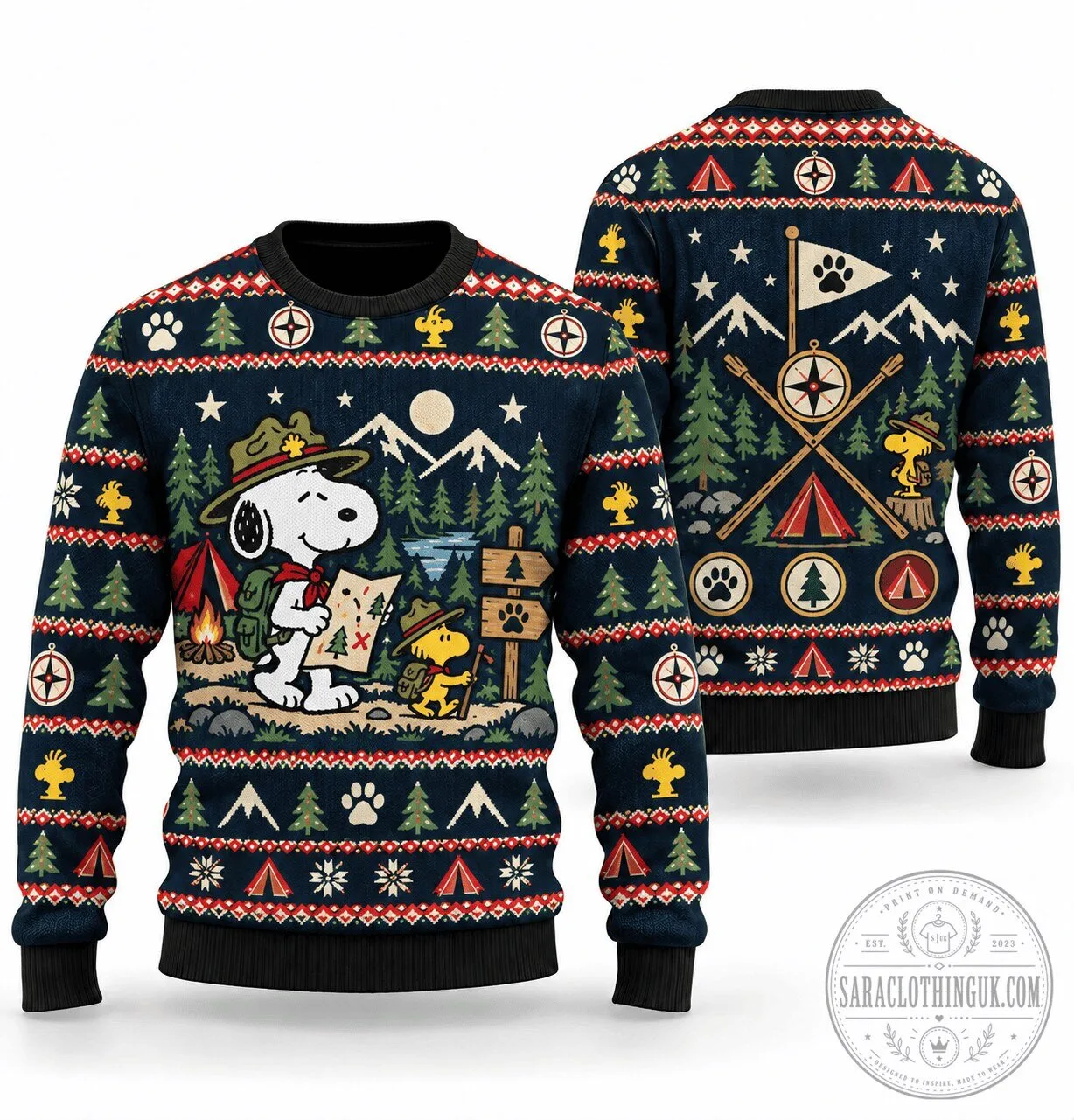 Snoopy Woodstock Beagle Scouts Camping Christmas Sweater