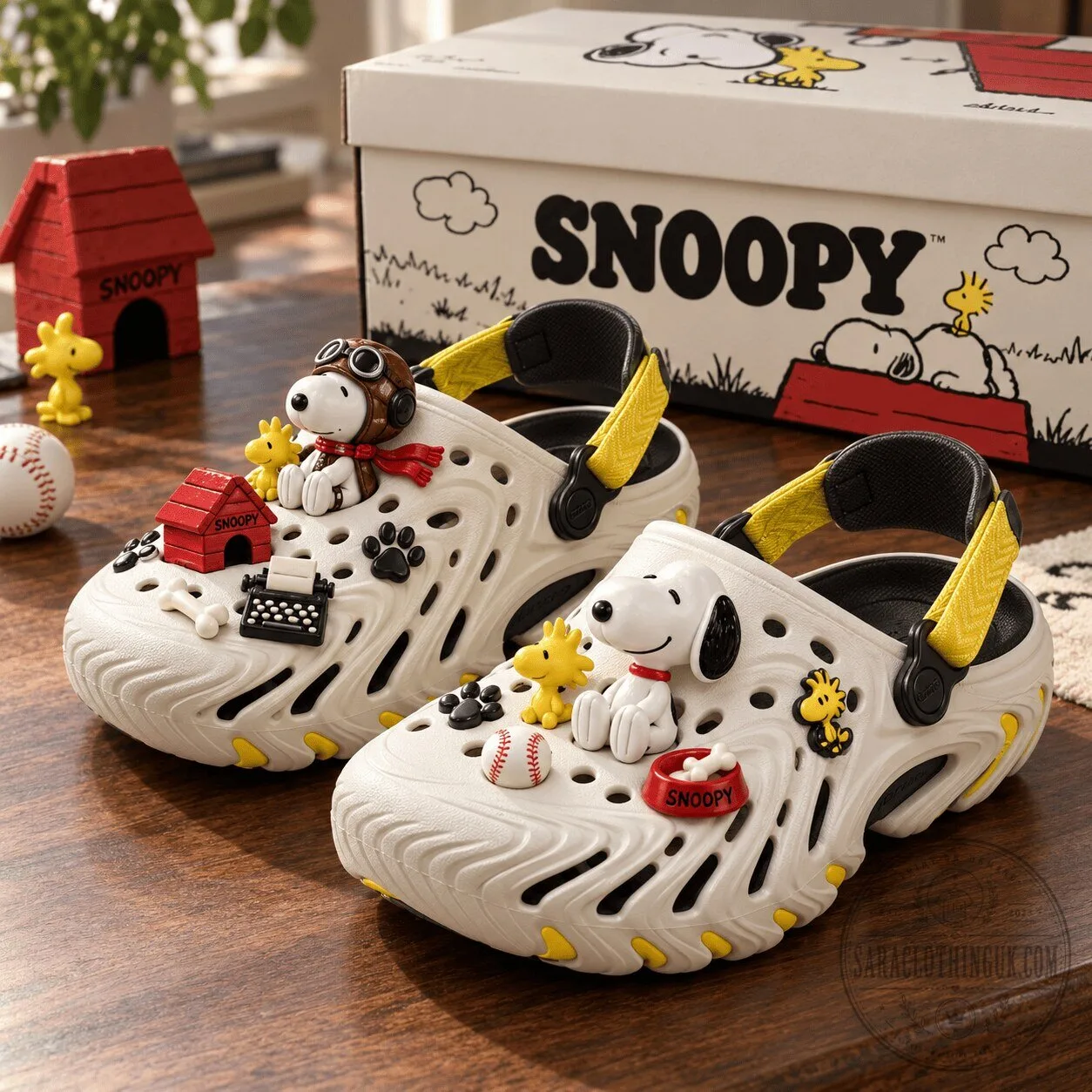 Snoopy Peanuts Cartoon Character White Echo Clogs Shoes with Yellow Straps
