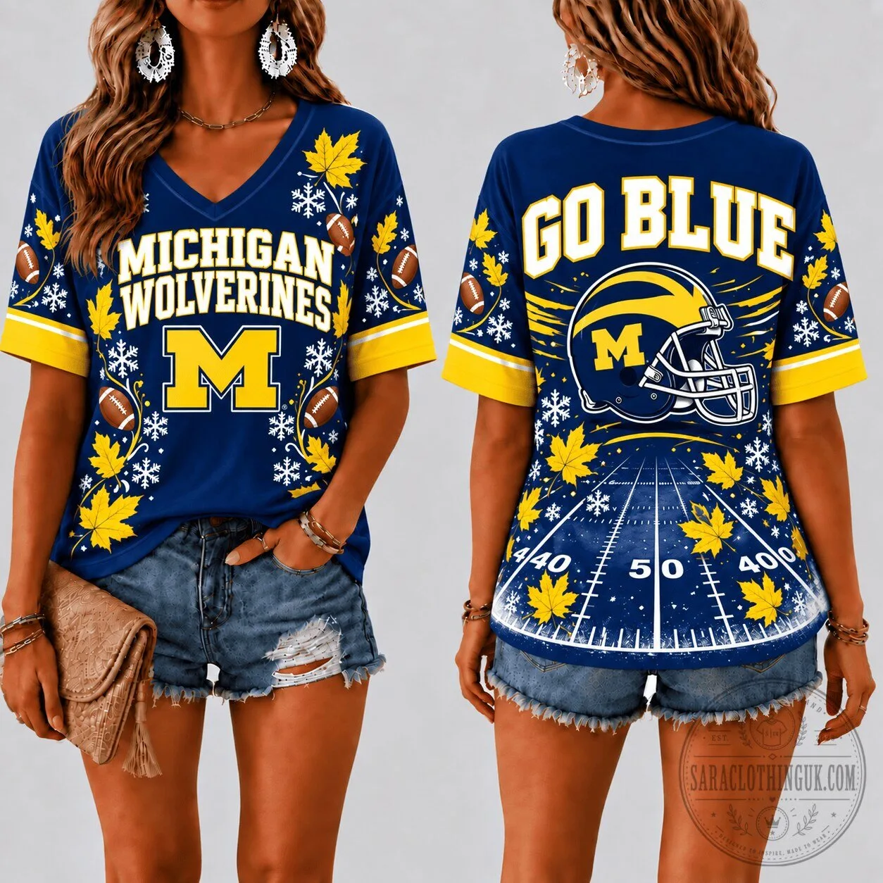Michigan Wolverines Football Team Fall Season V-Neck T-Shirt for Women