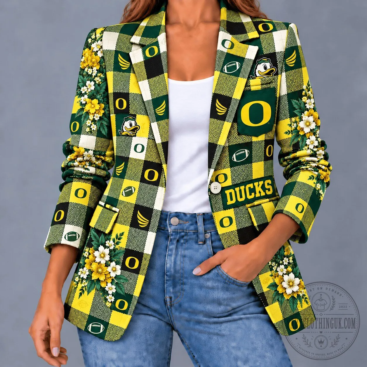 Oregon Ducks Football Floral Plaid Women's Blazer Jacket