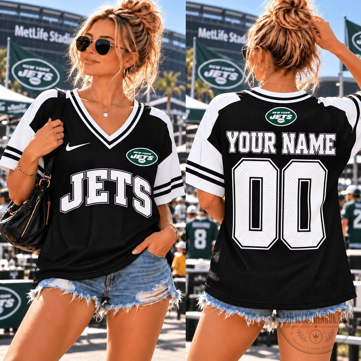 New York Jets Personalized Football Jersey for Women, Game Day V-Neck Style