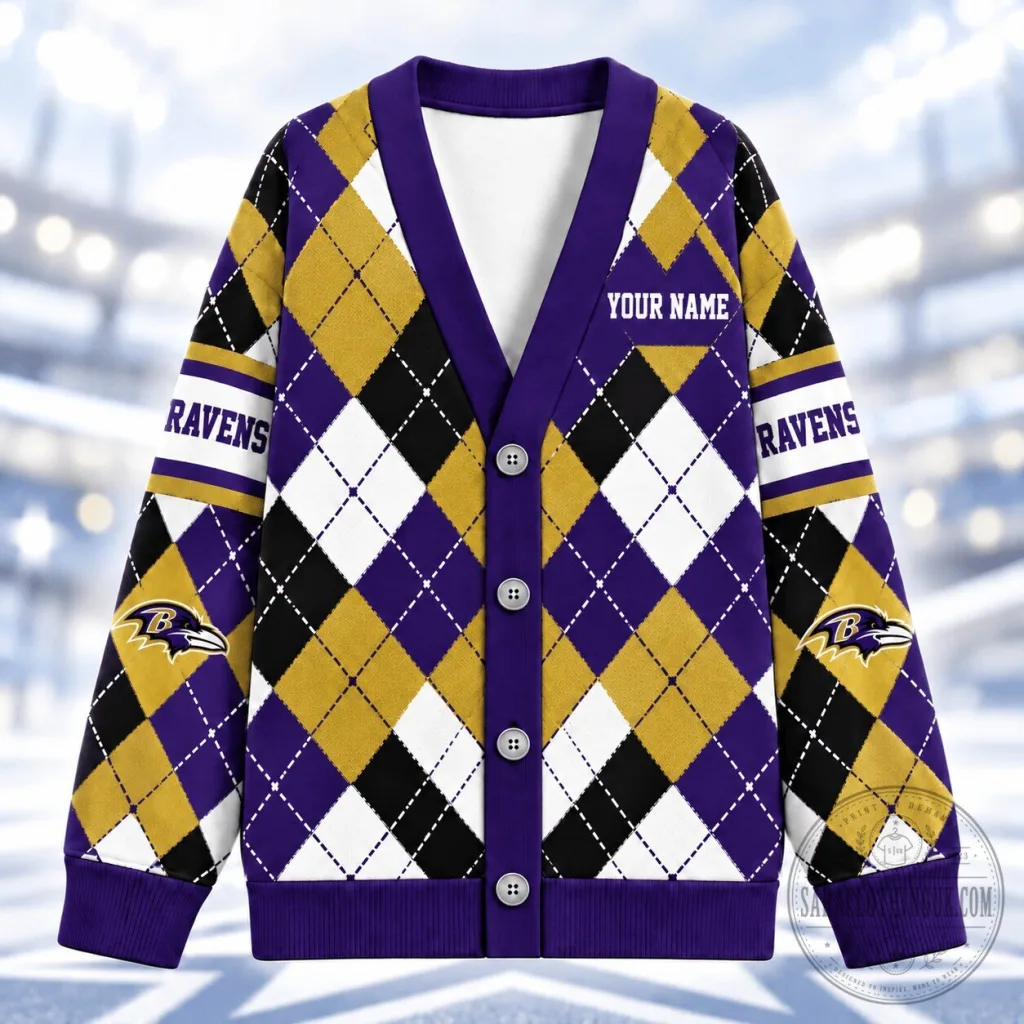 Baltimore Ravens Argyle Pattern Custom Name V-Neck Knitted Cardigan Baltimore Ravens Argyle Pattern Custom Name V-Neck Knitted Cardigan