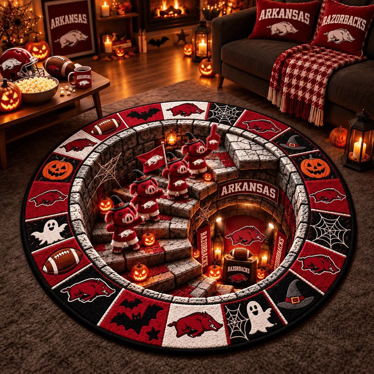 Arkansas Razorbacks Halloween Football Fan Pit Round Rug