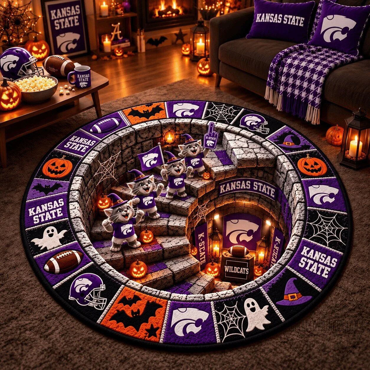 Kansas State Wildcats Halloween Football Fan Round Rug