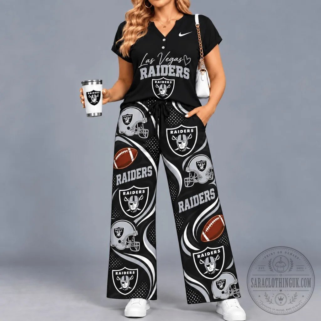 Las Vegas Raiders Football Team Black V-Neck Shirt and Wide Leg Pants Set Las Vegas Raiders Football Team Black V-Neck Shirt and Wide Leg Pants Set
