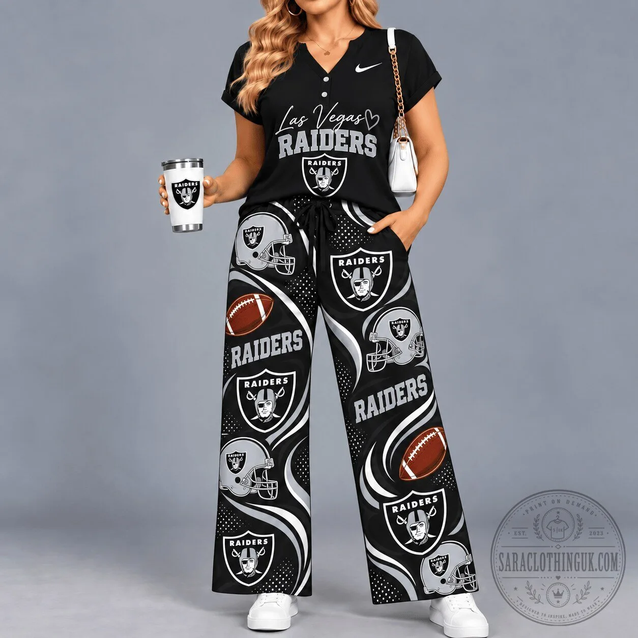 Las Vegas Raiders Football Team Black V-Neck Shirt and Wide Leg Pants Set 2 Las Vegas Raiders Football Team Black V-Neck Shirt and Wide Leg Pants Set