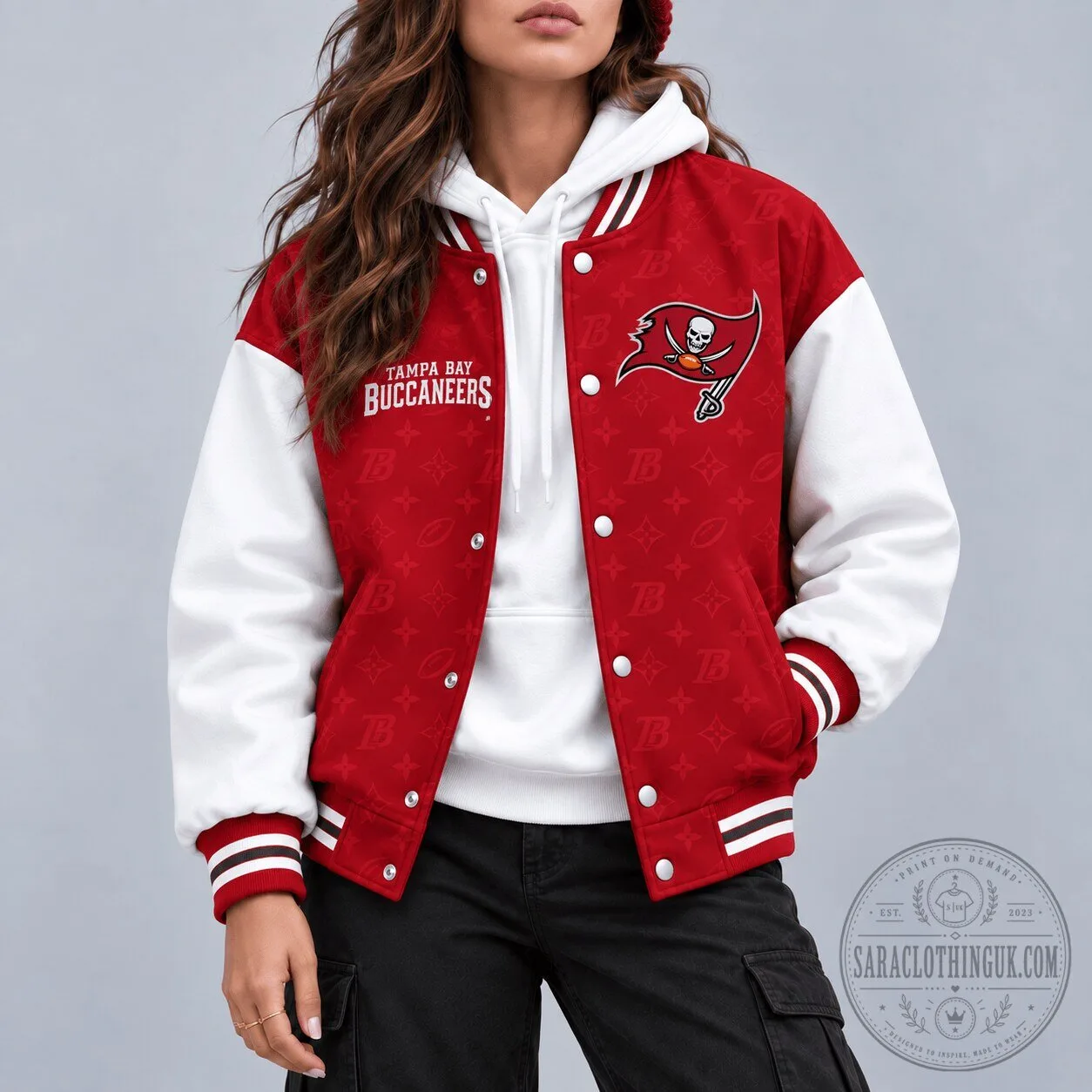Tampa Bay Buccaneers NFL Luxe Monogram Varsity Bomber Jacket