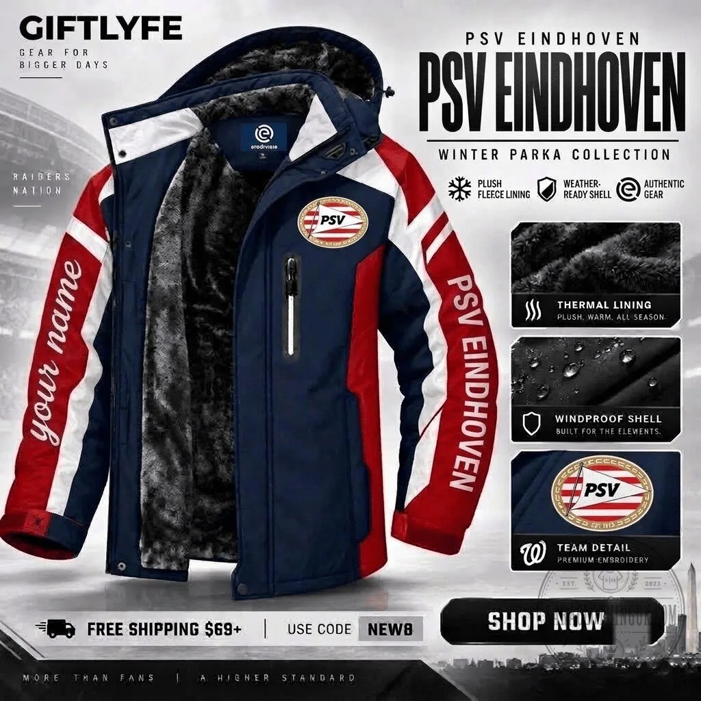 PSV Eindhoven Football Club Winter Parka Jacket with Plush Fleece Lining