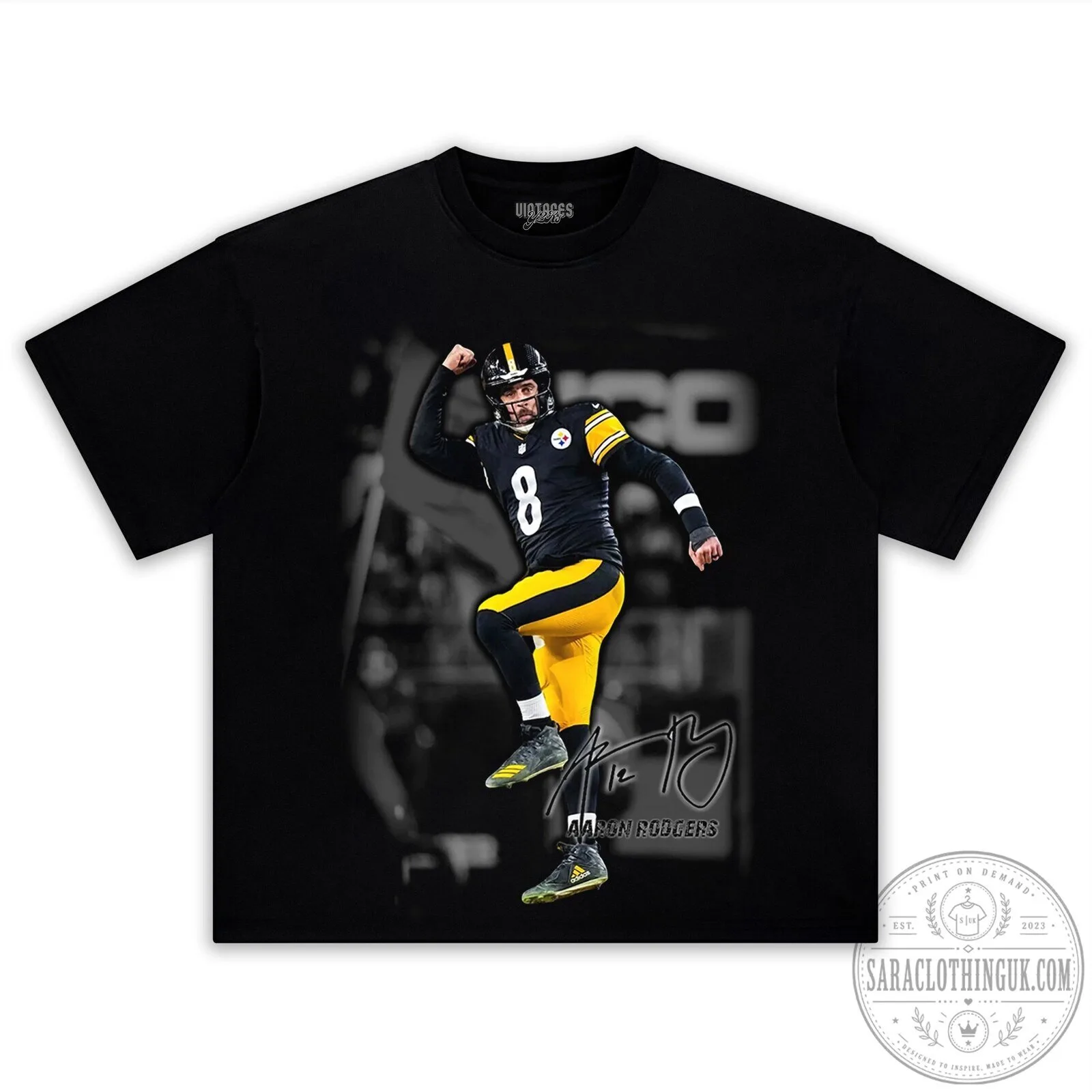 Graphic T-Shirt featuring Aaron Rodgers as a Pittsburgh Steelers Football Player