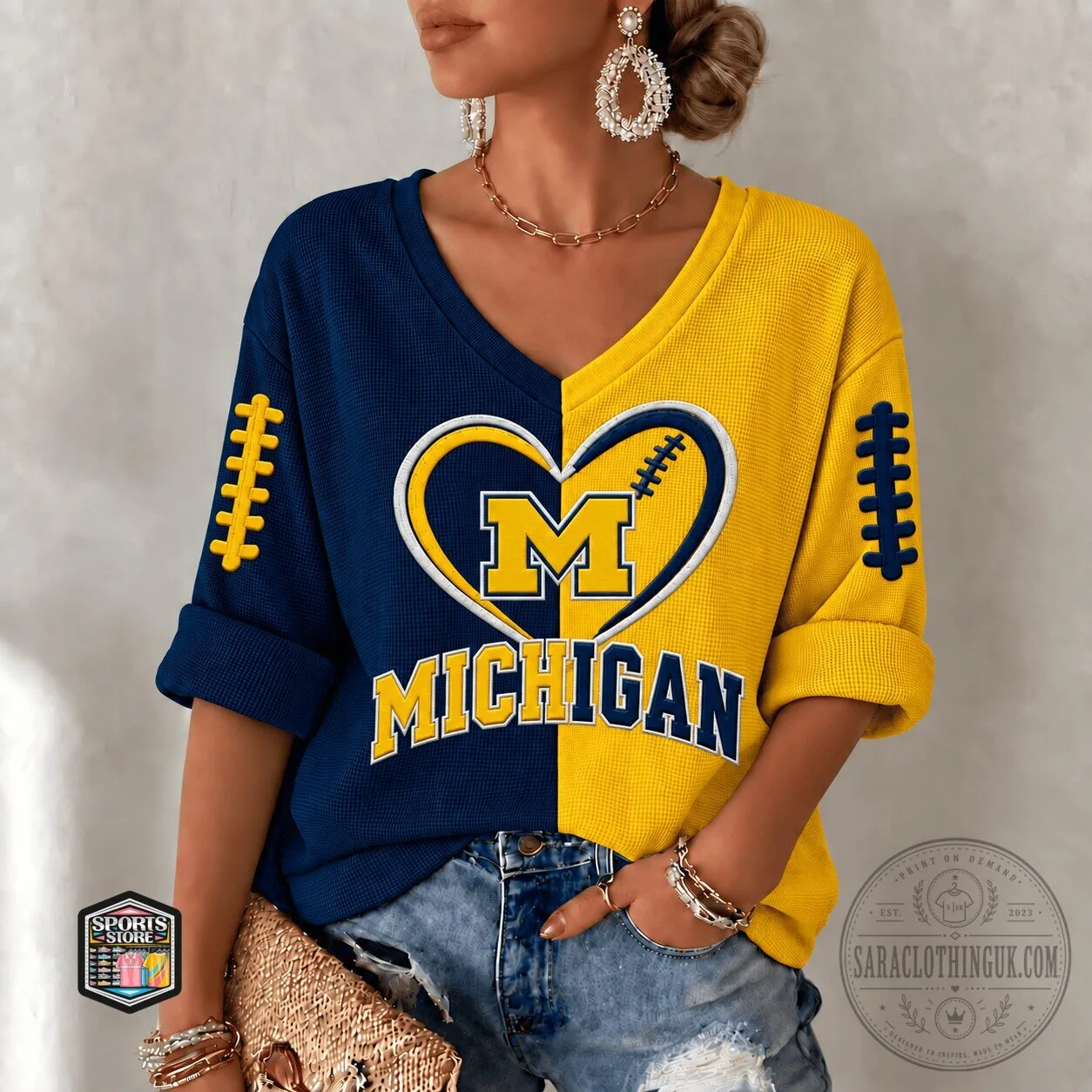 Michigan Wolverines Football Heart Split Color V-Neck Long Sleeve T-Shirt