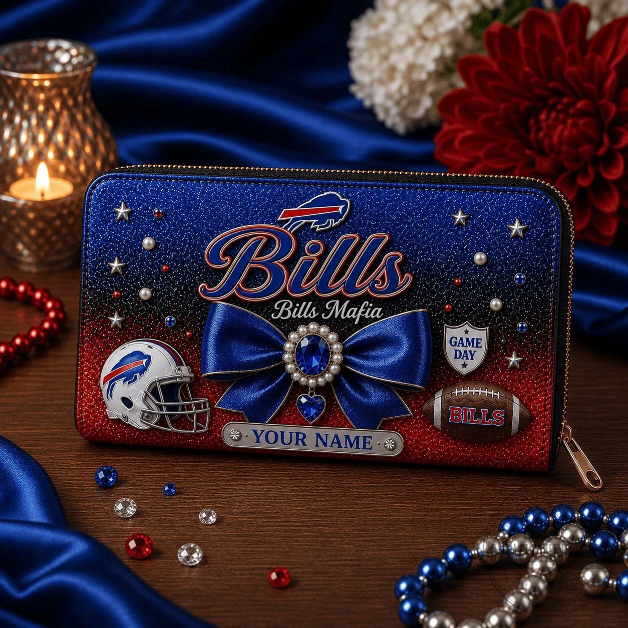 Buffalo Bills Football Team Personalized Wallet for Women, Custom Name Fan Gift