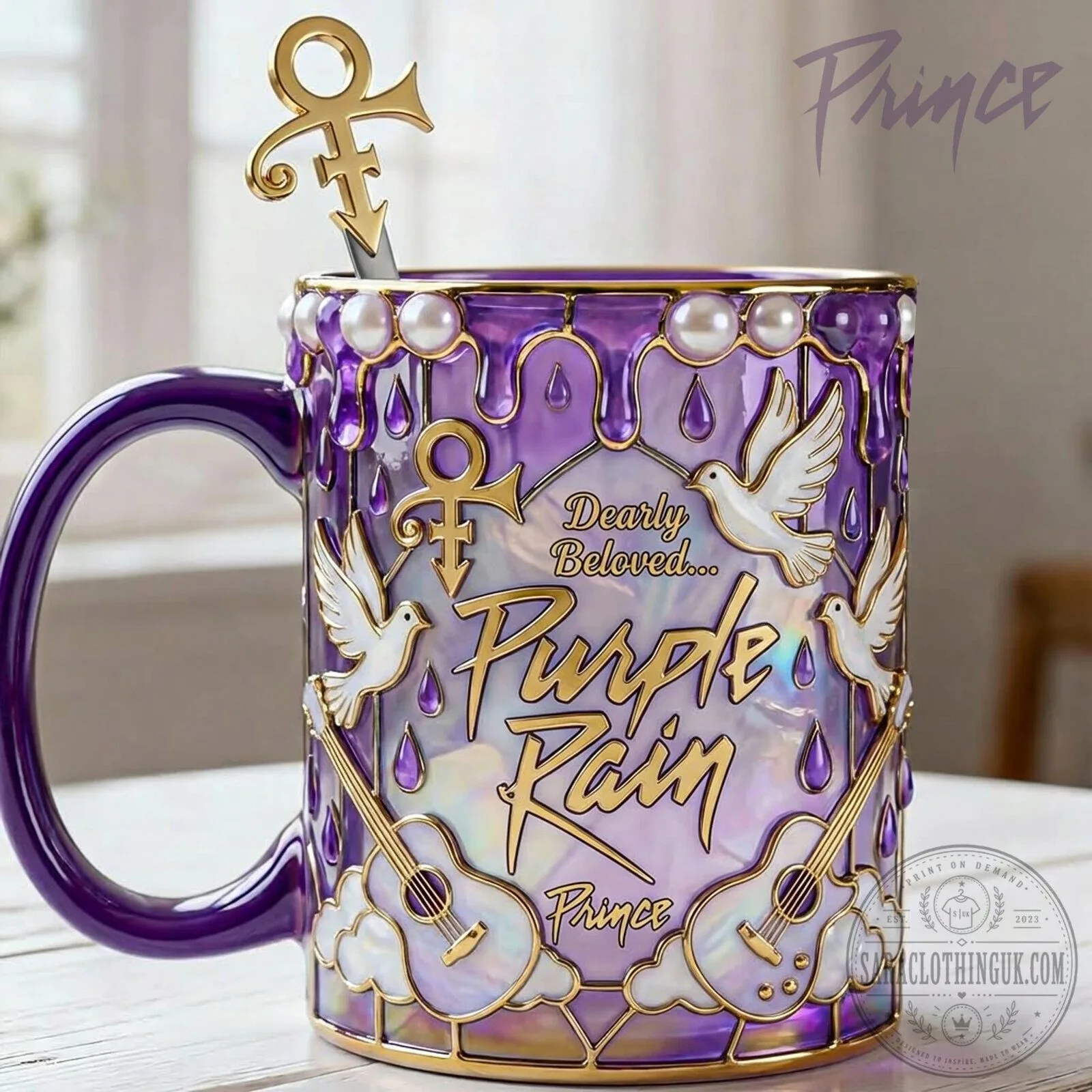 Prince Purple Rain Doves and Guitars Gold Trim Coffee Mug with Spoon