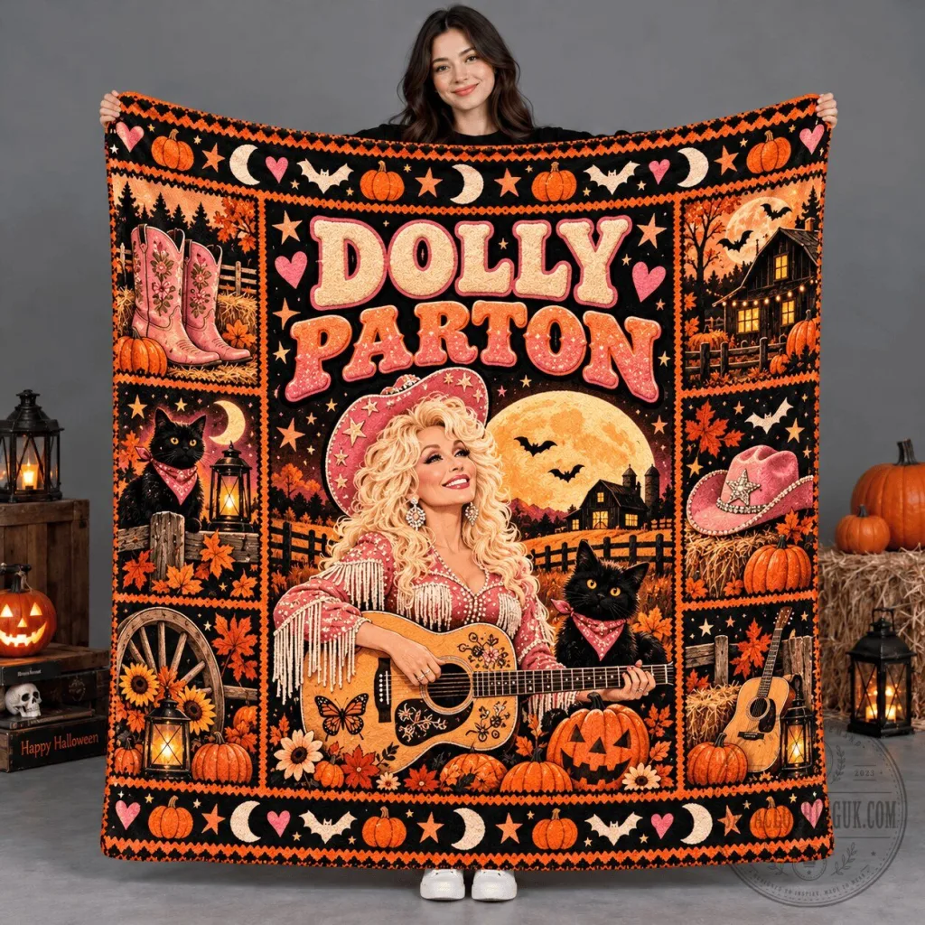Dolly Parton Halloween Orange Pink Guitar Portrait Fleece Blanket Dolly Parton Halloween Orange Pink Guitar Portrait Fleece Blanket