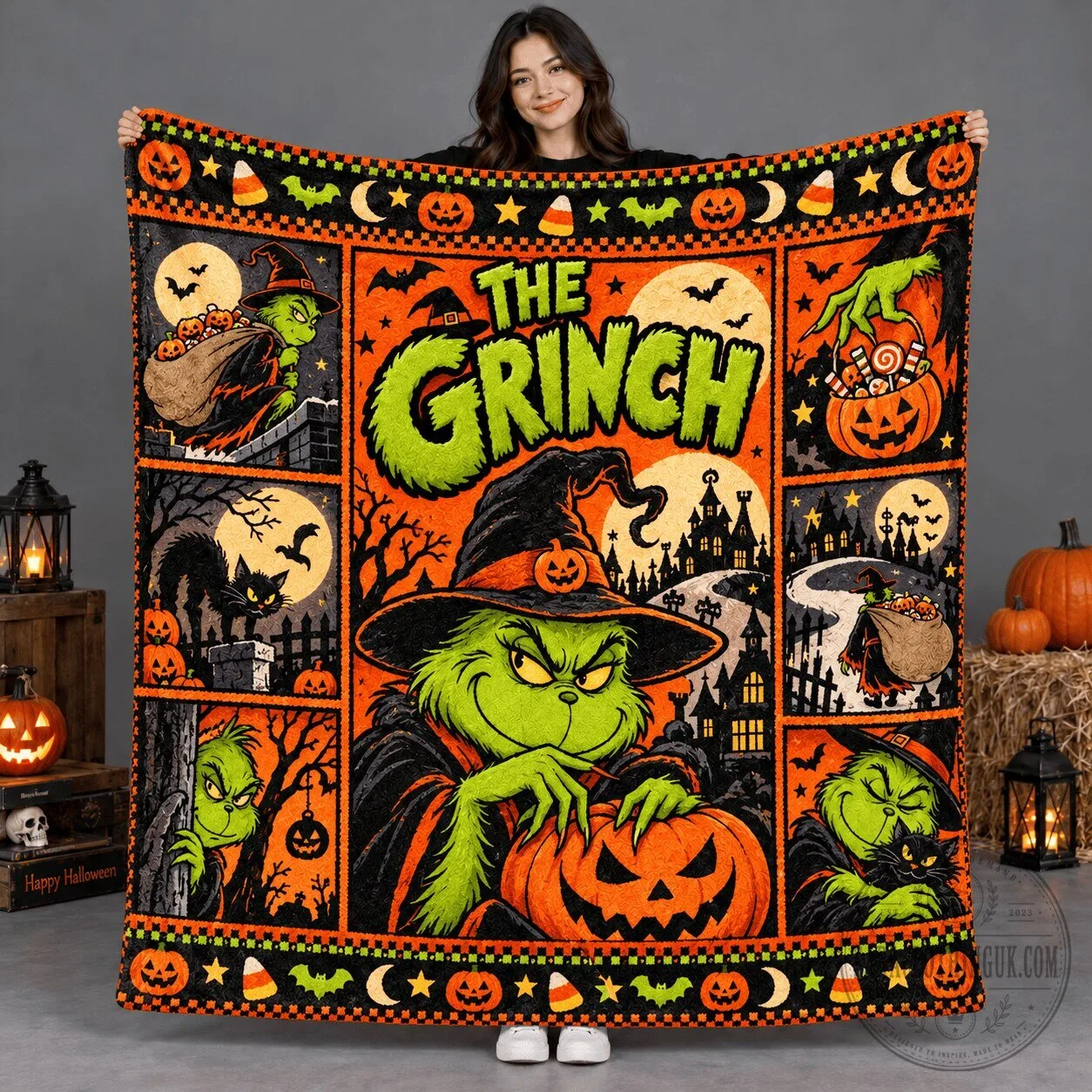 The Grinch Green Face and Orange Pumpkin Halloween Fleece Blanket 5 The Grinch Green Face and Orange Pumpkin Halloween Fleece Blanket