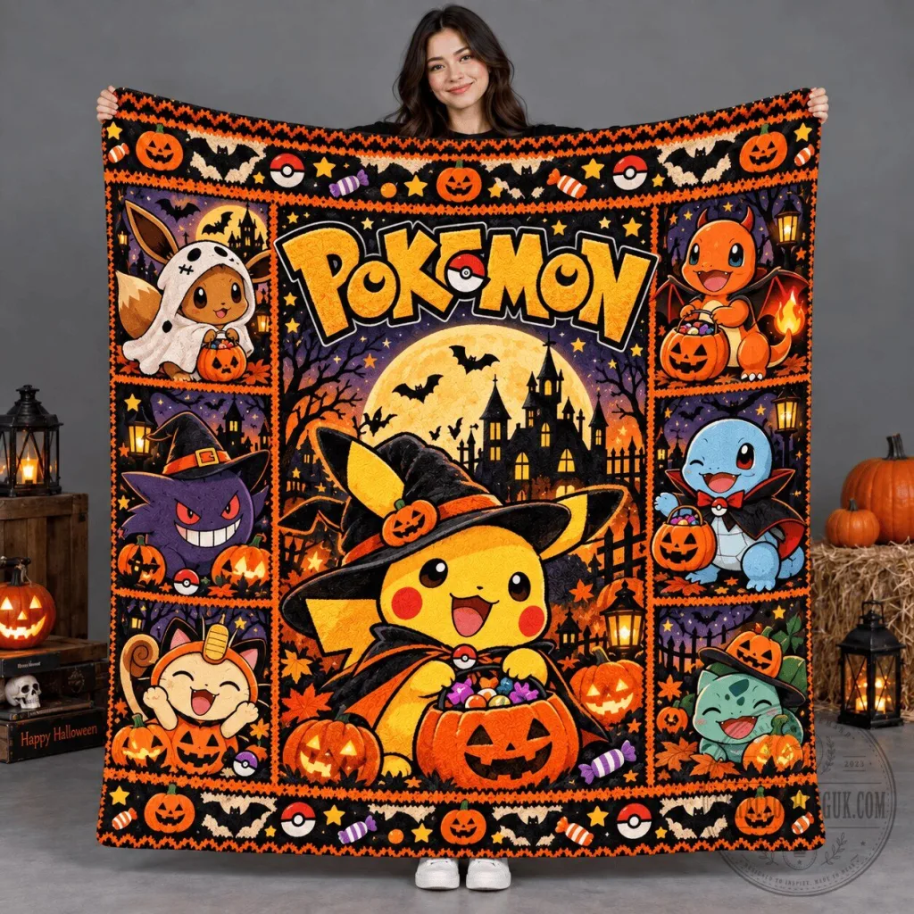 Pokemon Pikachu Witch Hat And Pumpkin Halloween Fleece Blanket Pokemon Pikachu Witch Hat And Pumpkin Halloween Fleece Blanket