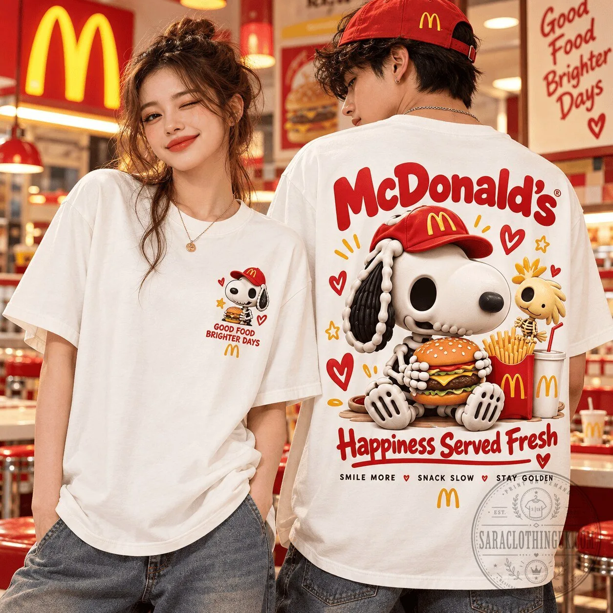 McDonald's Snoopy Woodstock Skeleton Burger Fries Happiness Served Fresh T-Shirt