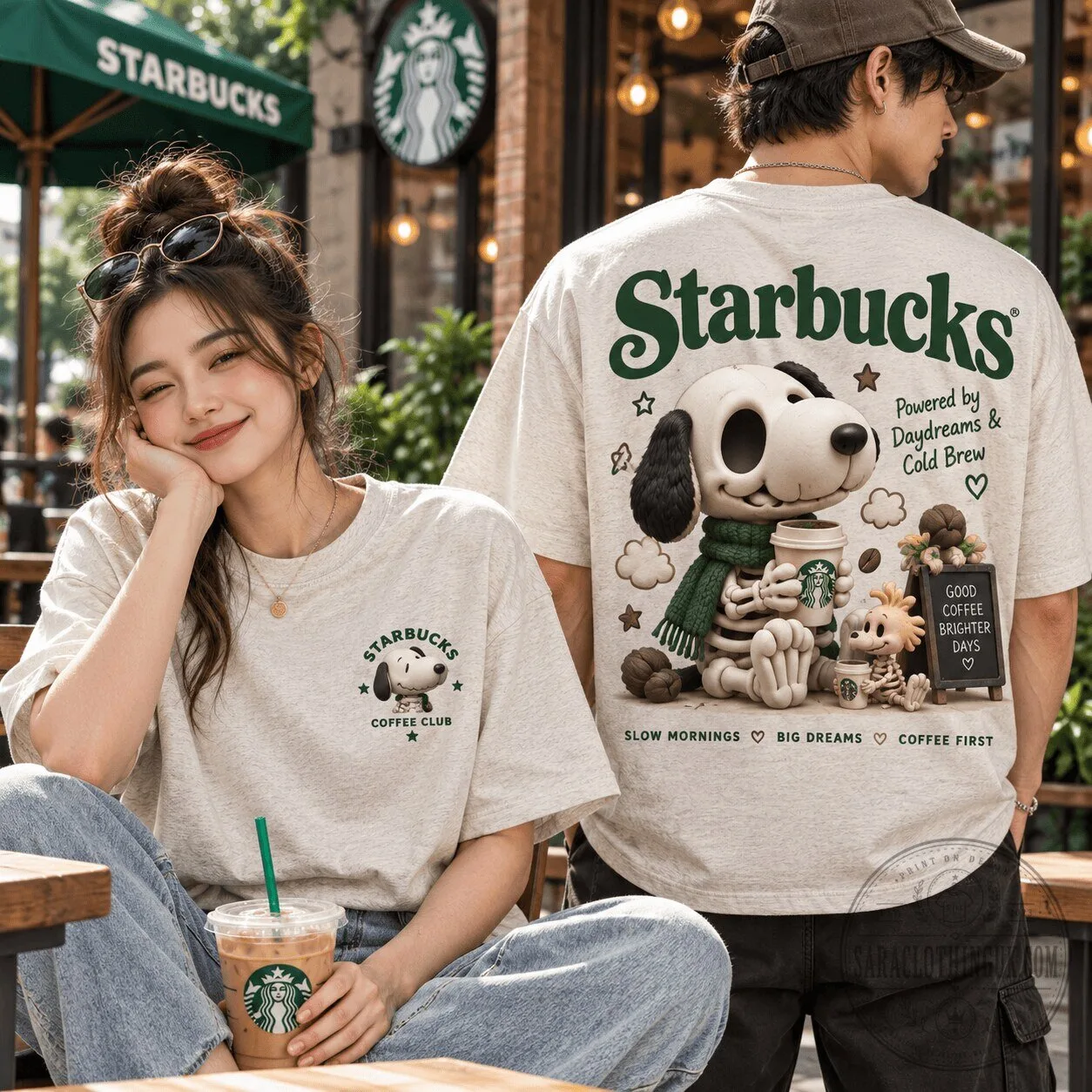 Starbucks Snoopy Woodstock Skeleton Coffee Club Cold Brew Halloween T-Shirt