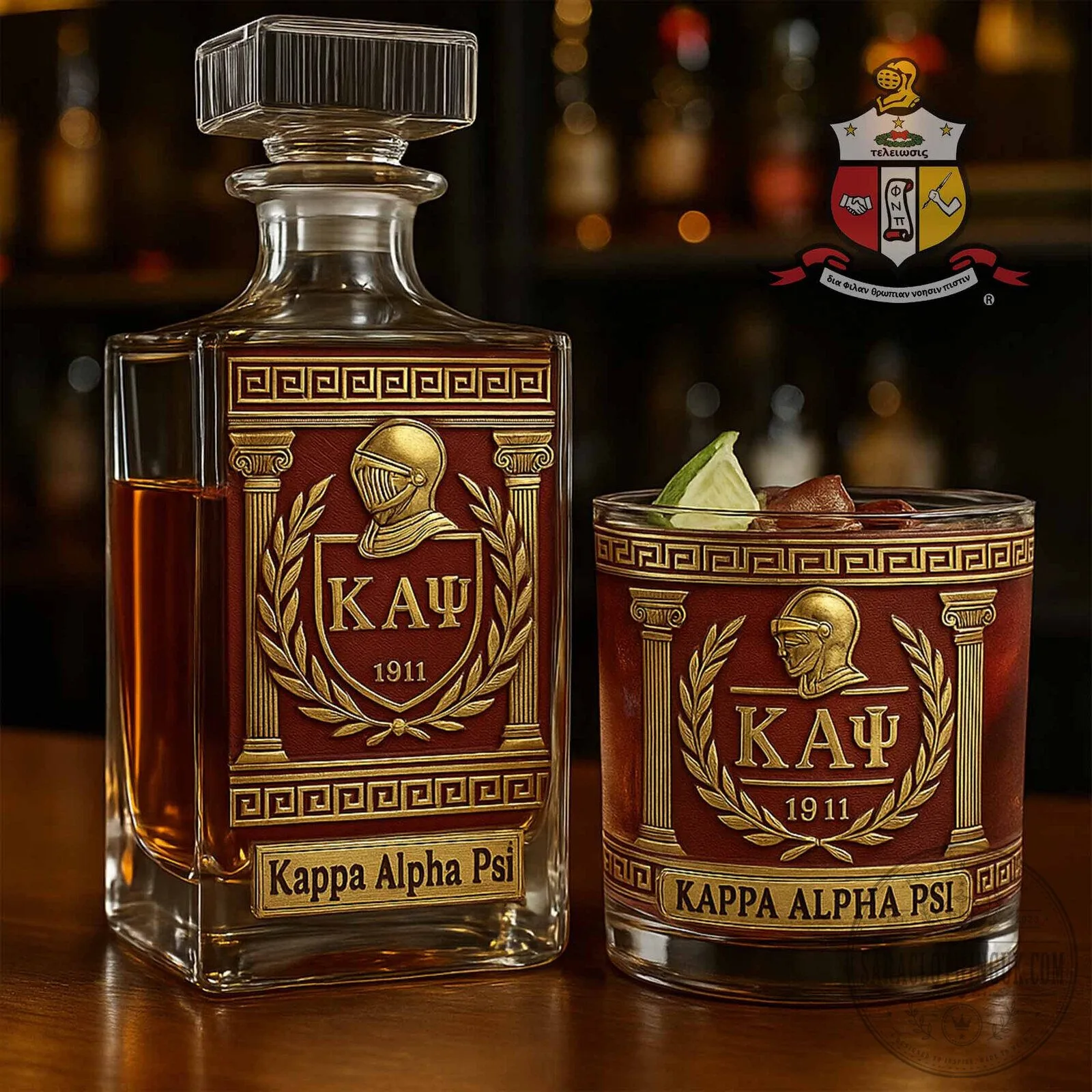 Kappa Alpha Psi Fraternity Inc. Whiskey Decanter and Drinking Glass Set