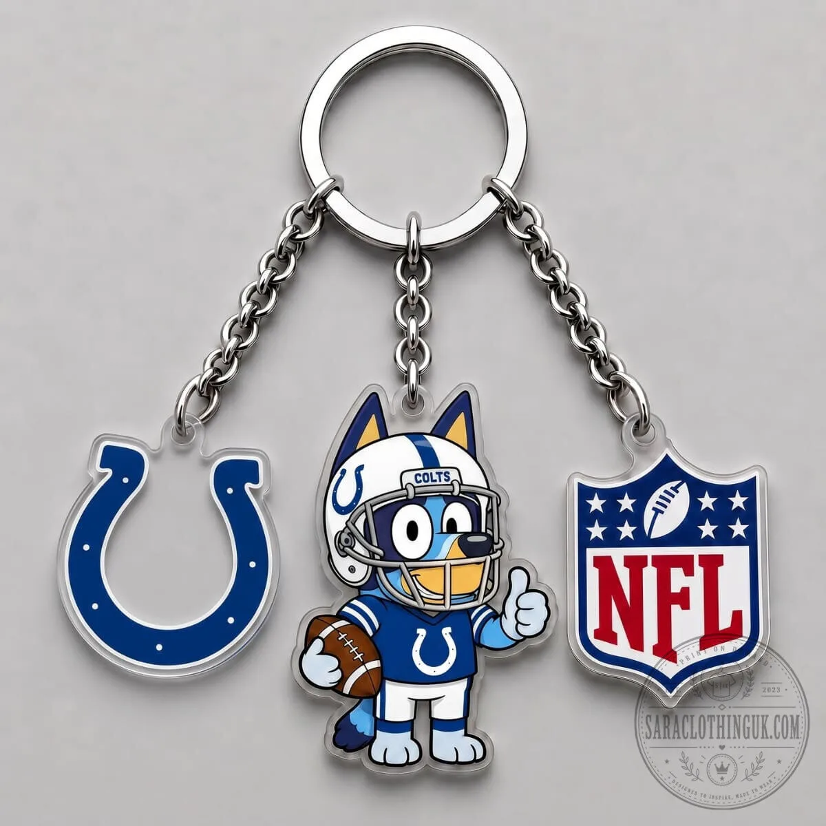 Indianapolis Colts Bluey Football Player and NFL Logo Triple Charm Keychain