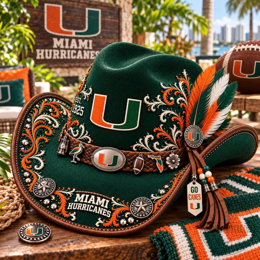 Miami Hurricanes Embroidered Green Cowboy Hat with Feathers and Charms Miami Hurricanes Embroidered Green Cowboy Hat with Feathers and Charms