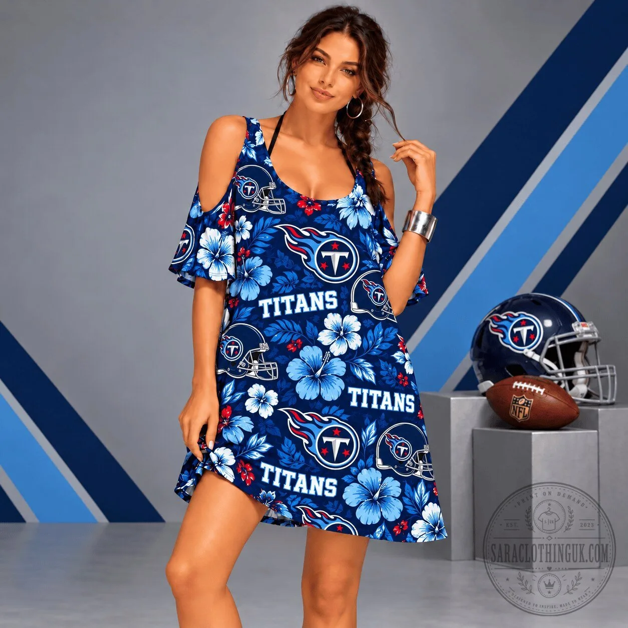 Tennessee Titans NFL Football Floral Cold Shoulder Dress