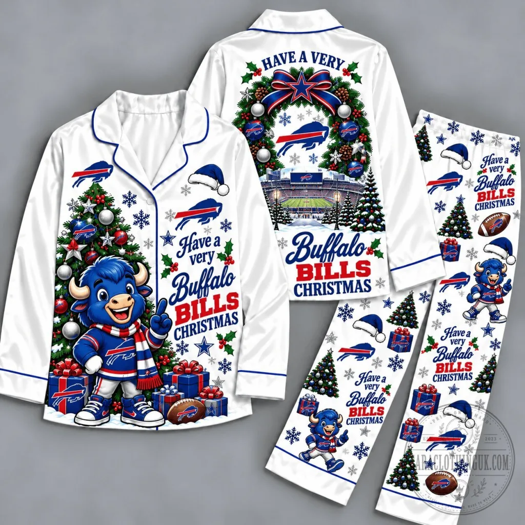 Buffalo Bills Christmas Pajamas Set with Santa Hat and Football Buffalo Bills Christmas Pajamas Set with Santa Hat and Football
