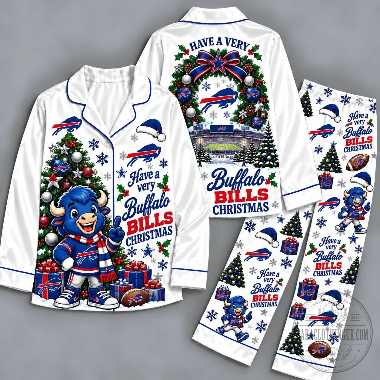 Buffalo Bills Christmas Pajamas Set with Santa Hat and Football