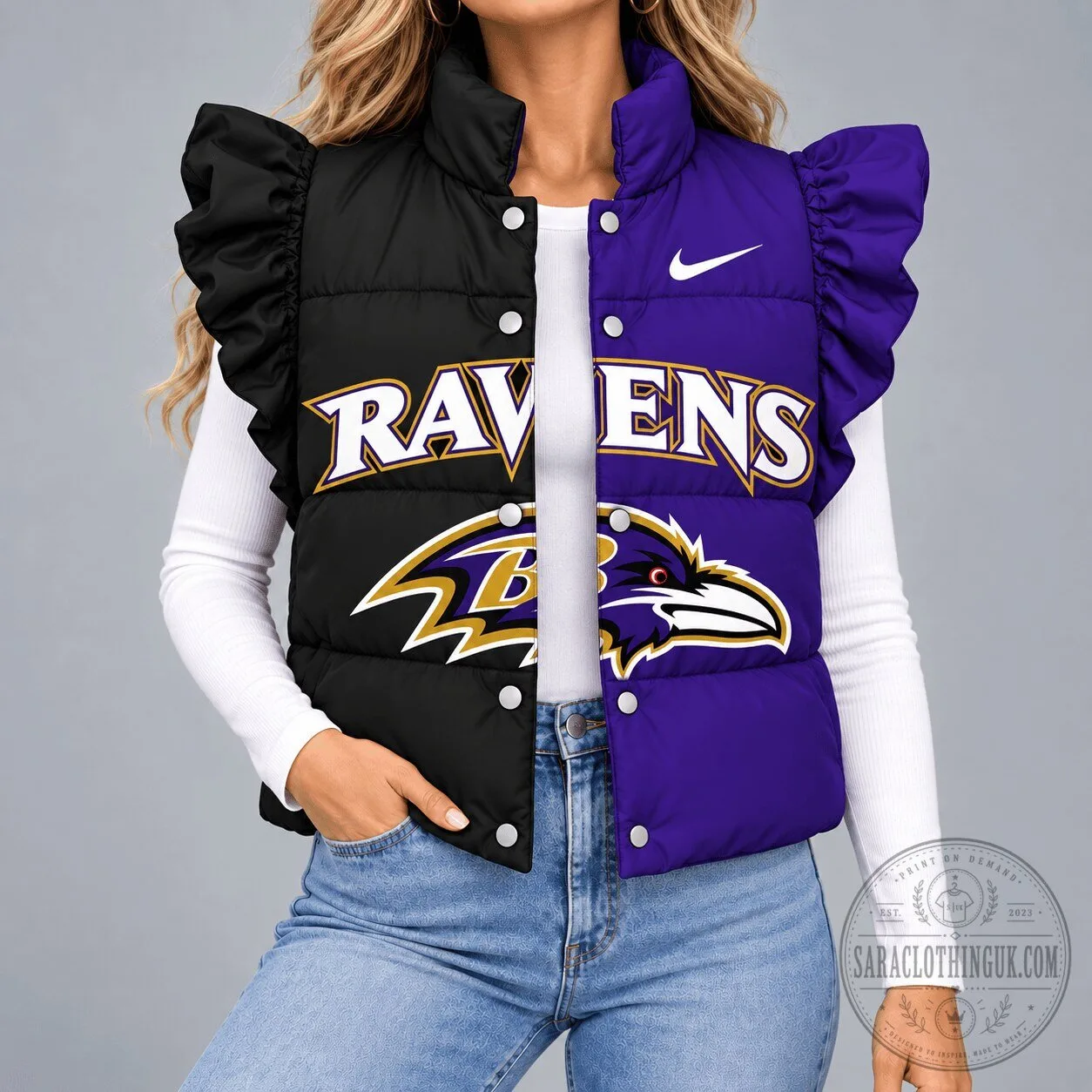 Baltimore Ravens Split Color Ruffle Sleeve Quilted Puffer Vest