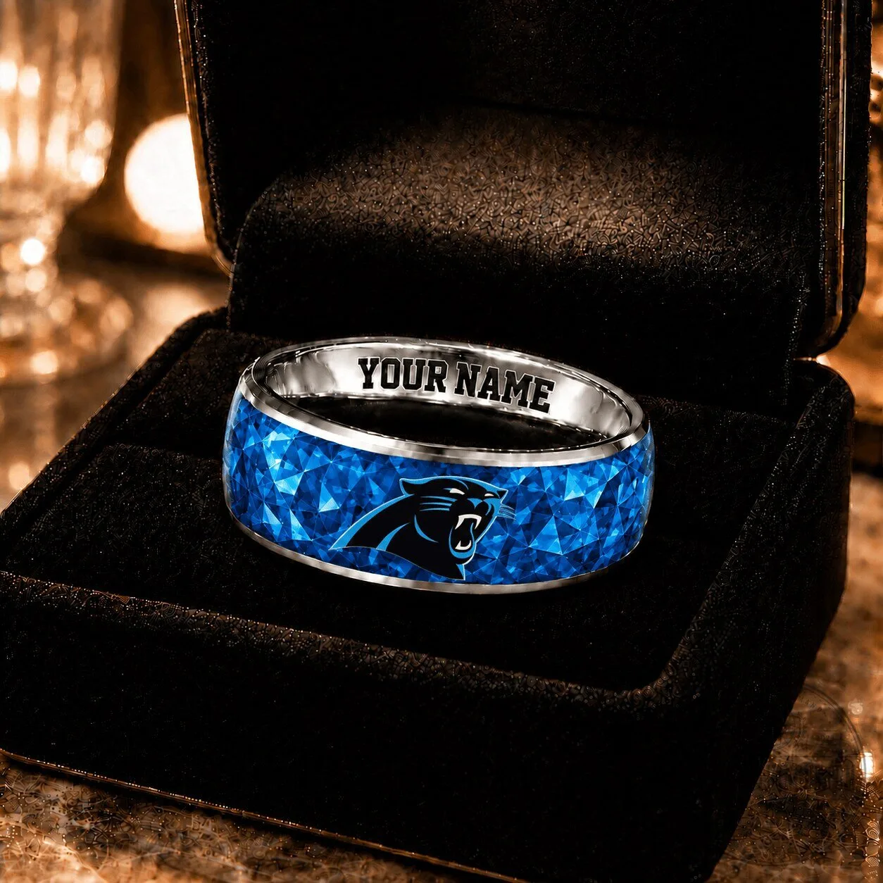 Carolina Panthers NFL Custom Name Blue Diamond Pattern Stainless Steel Ring
