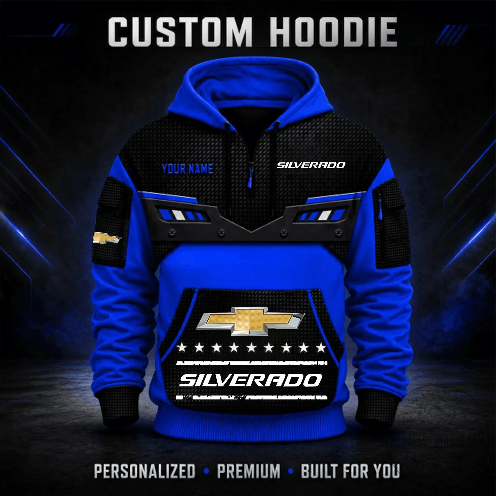 Personalized Chevrolet Silverado Truck Logo Blue and Black Hoodie