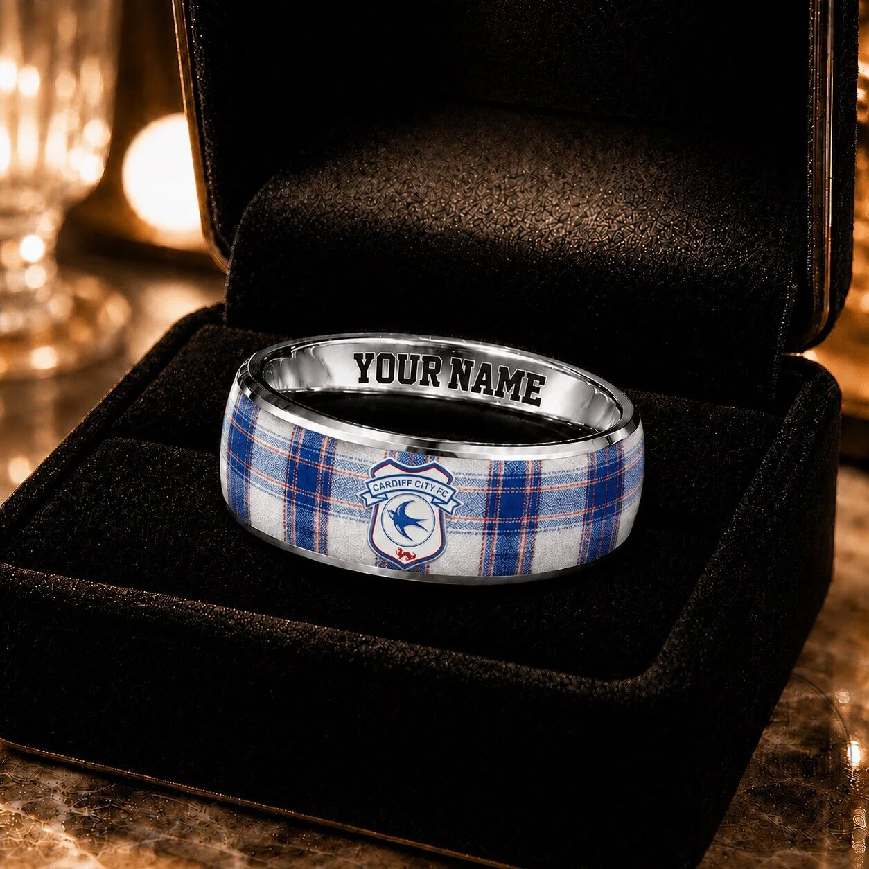 Cardiff City Football Club Custom Name Plaid Pattern Ring