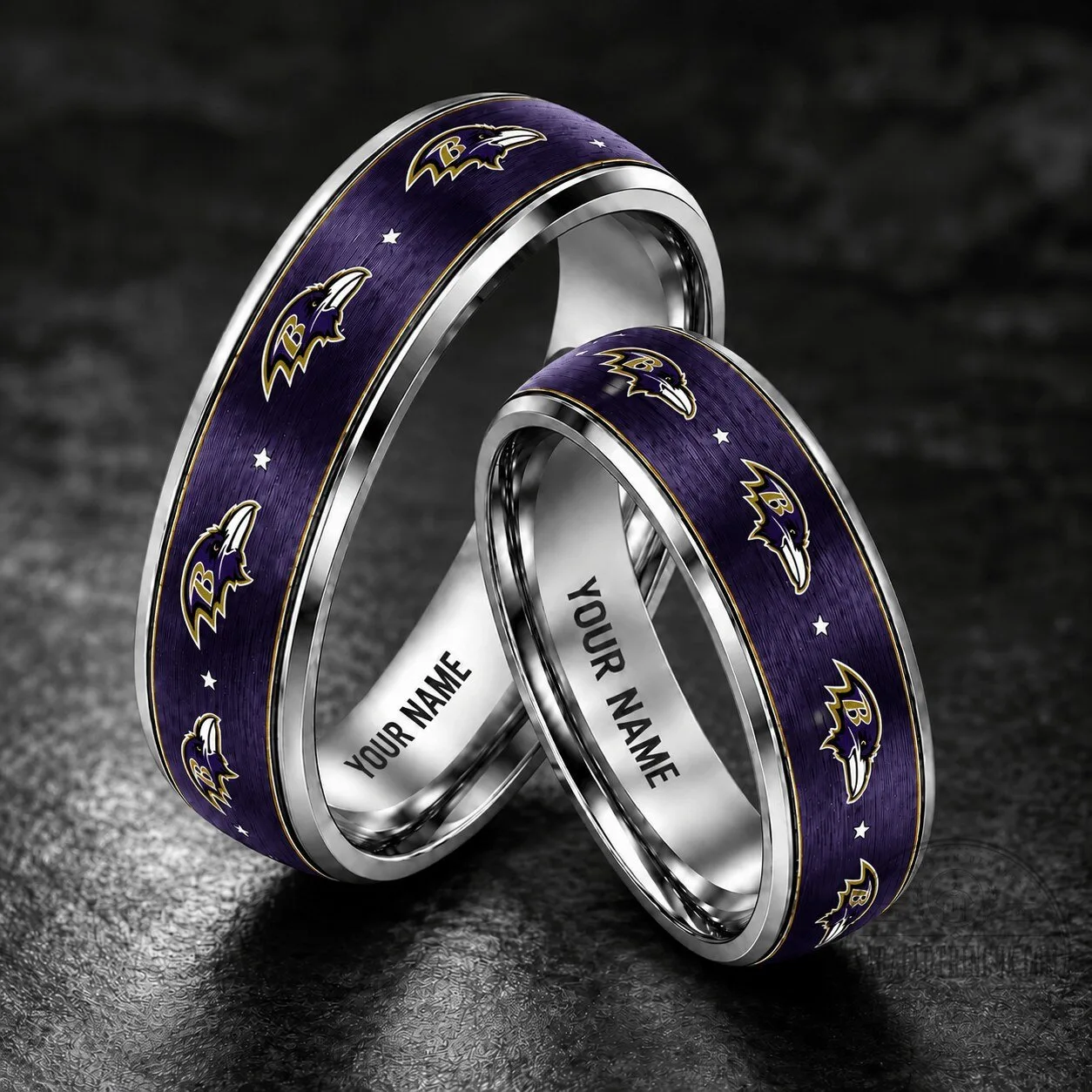 Baltimore Ravens Personalized Tungsten Wedding Ring Set, Custom Engraved Team Logo Band