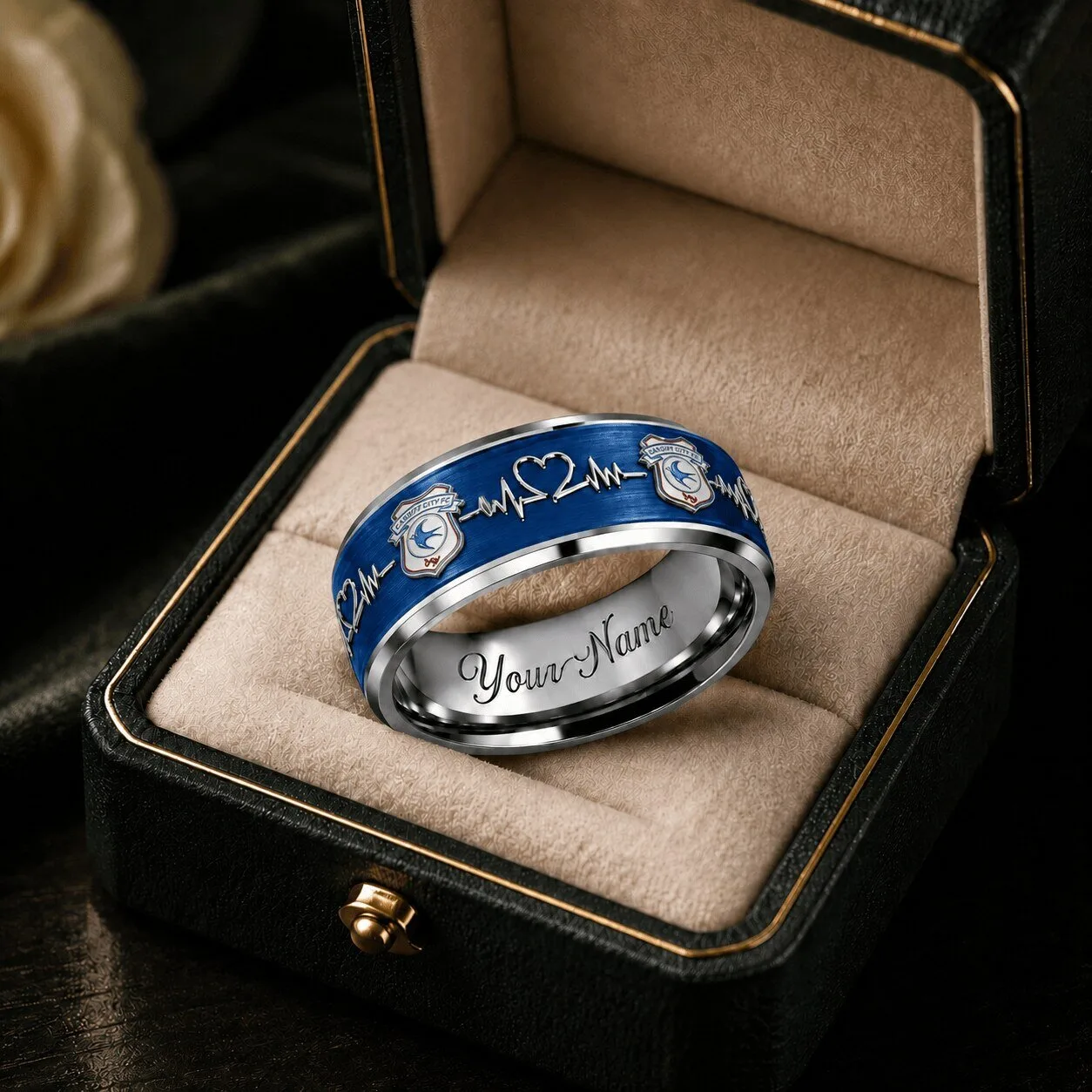 Cardiff City Football Club Heartbeat Custom Name Ring
