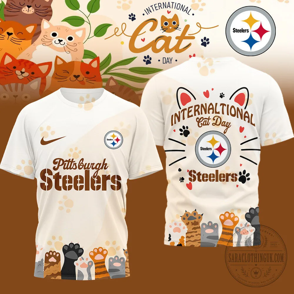 Pittsburgh Steelers International Cat Day White Short Sleeve T-Shirt