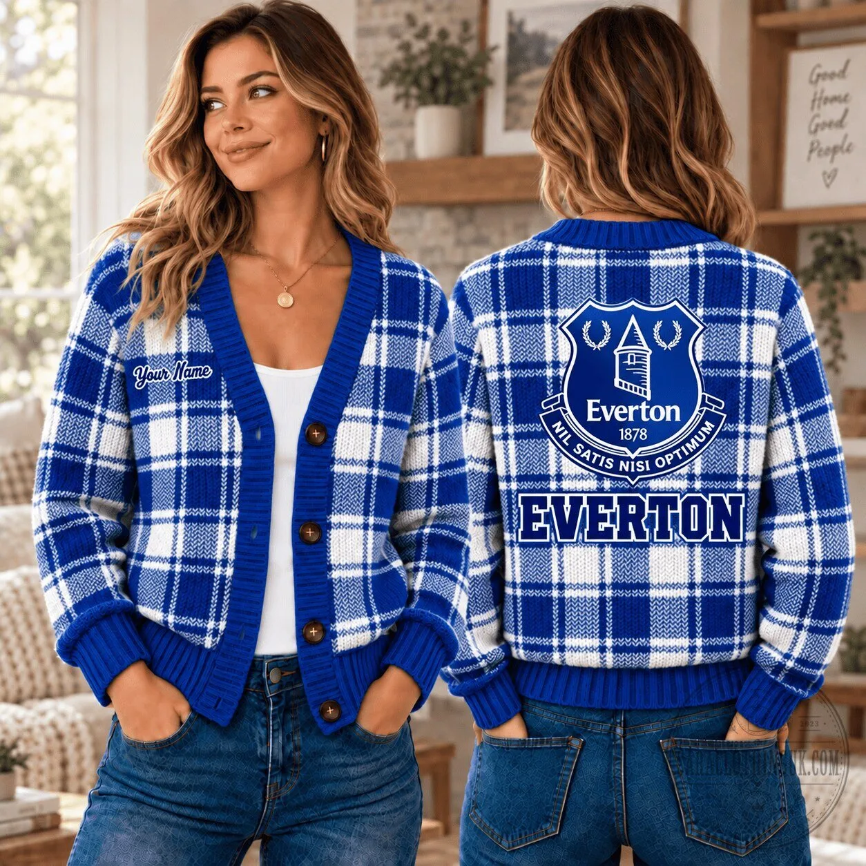 Everton Football Club Plaid Cardigan Sweater Custom Name For Fan