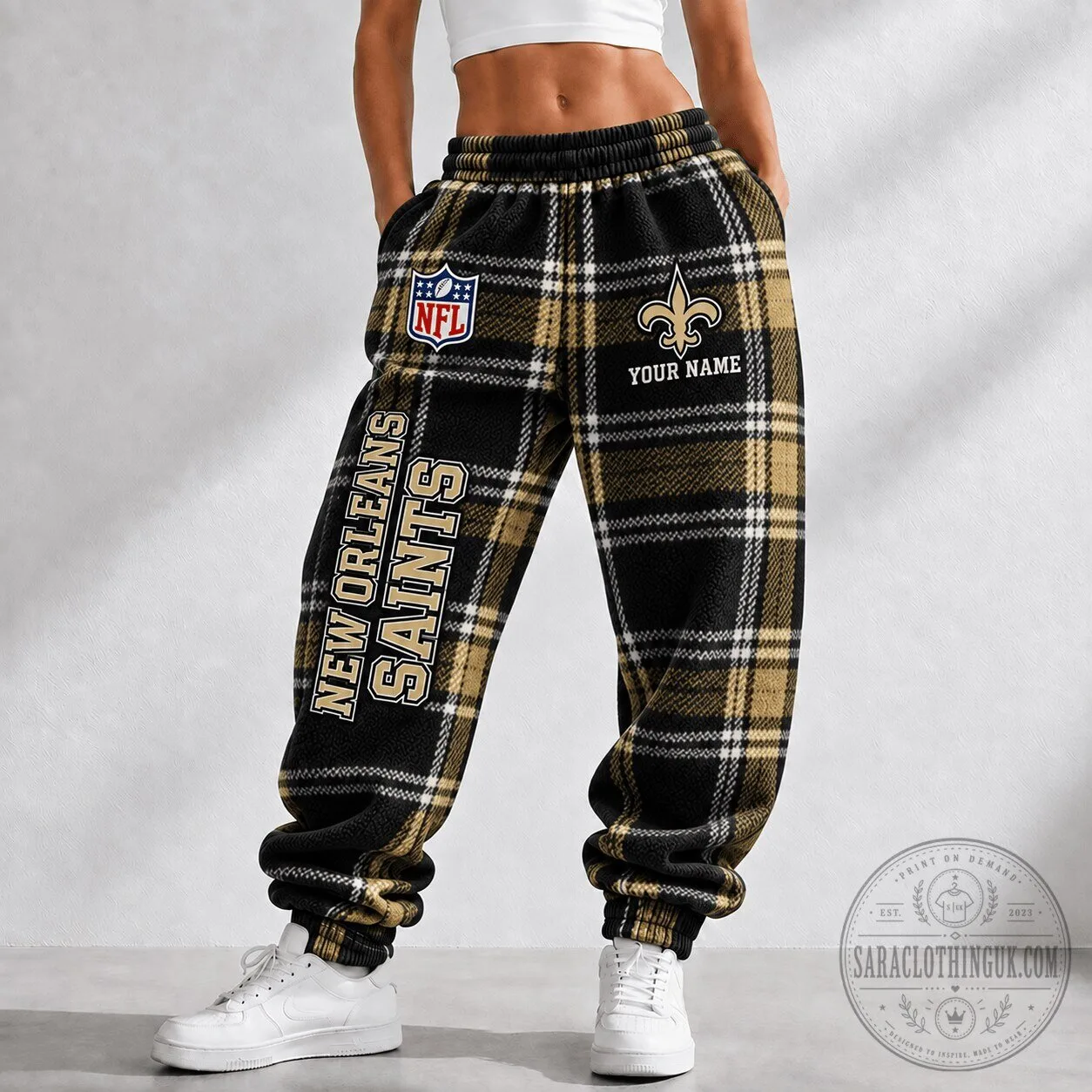 New Orleans Saints NFL Plaid Custom Name Black Gold Fleece Jogger Pants