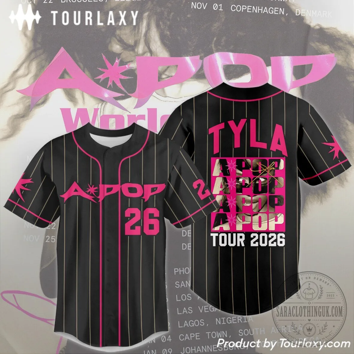Tyla APOP World Tour 2026 Black Pinstripe Baseball Jersey