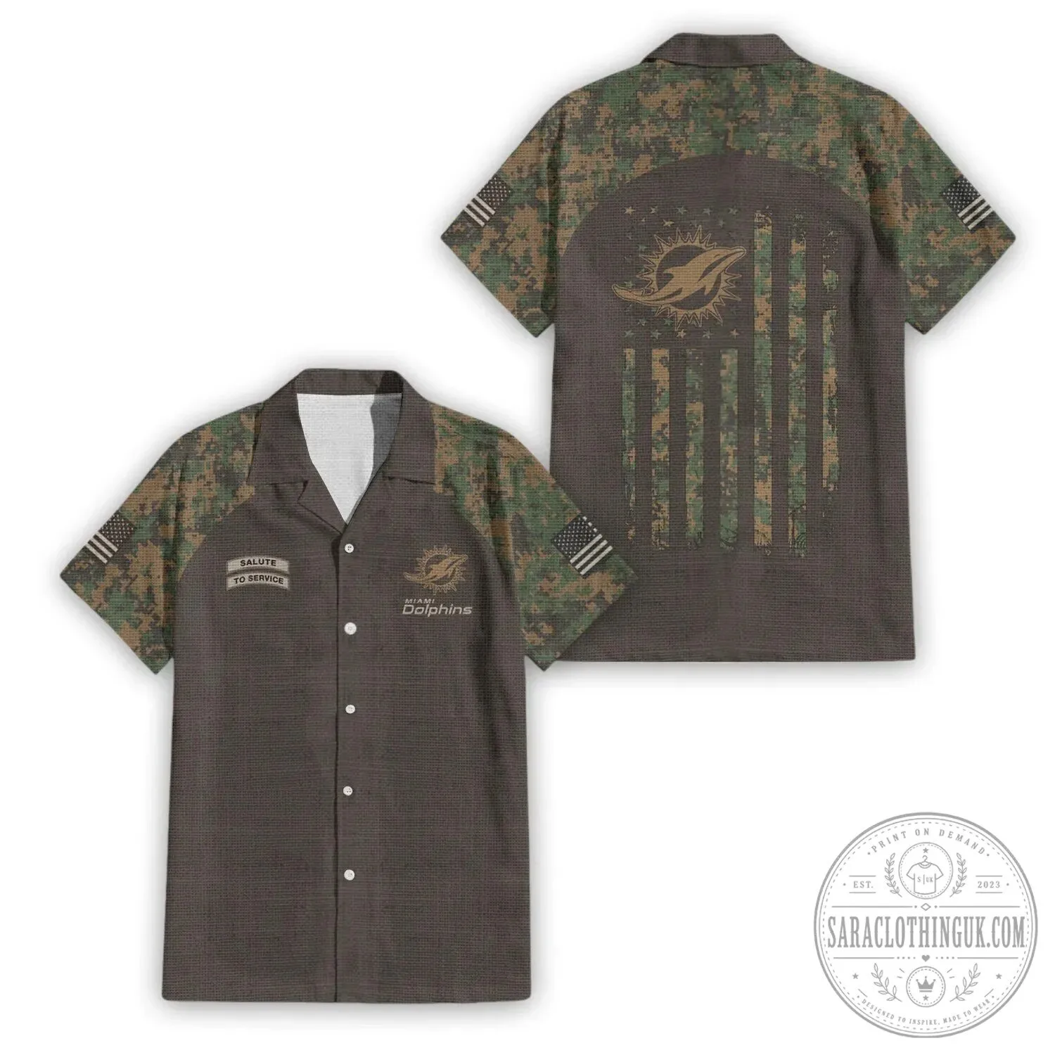 Hawaiian Shirt in Military Camouflage for Miami Dolphins Salute To Service Fans