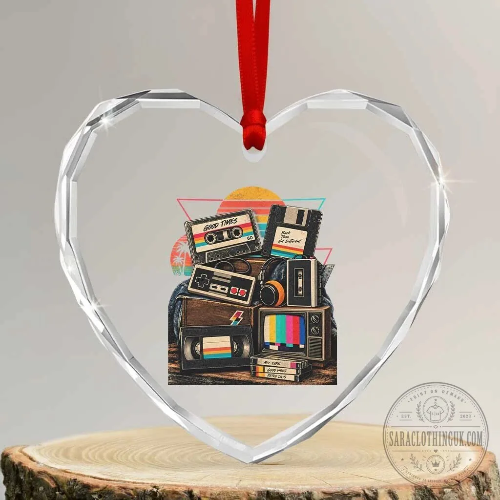 Vintage Nostalgia Cassette Tape Heart Crystal Glass Ornament