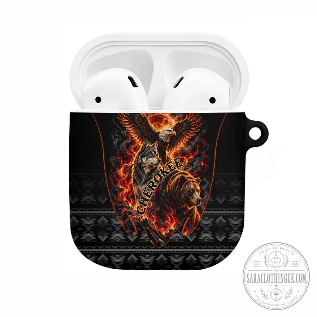 Cherokee Spirit Animals Fiery Tribal Art AirPods Case with Native Geometric Patterns