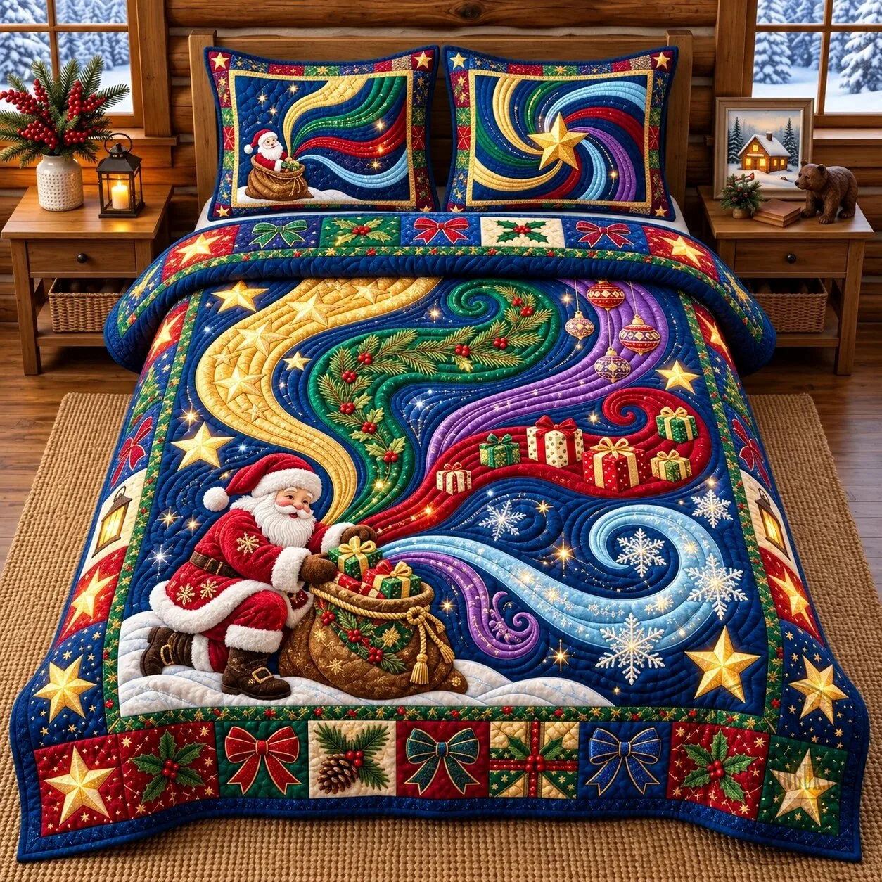 Christmas Santa Claus Magical Light Swirl Quilted Bedding Set