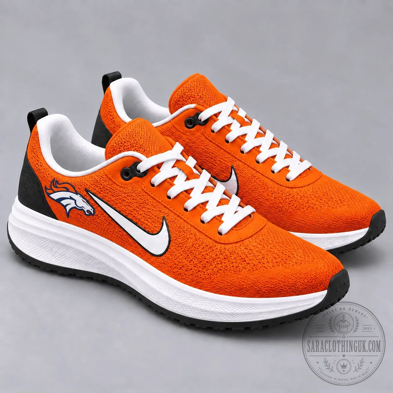 Denver Broncos NFL Team Logo Orange and White Athletic Running Shoes