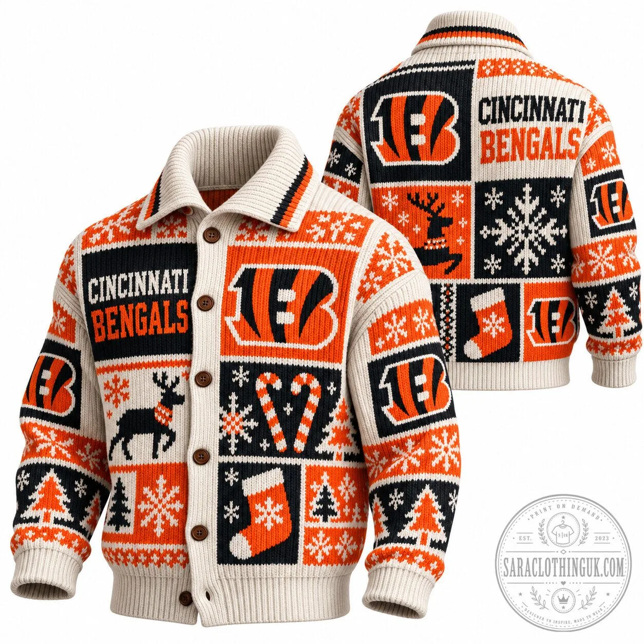 Cincinnati Bengals Christmas Holiday Ugly Sweater Knit Cardigan